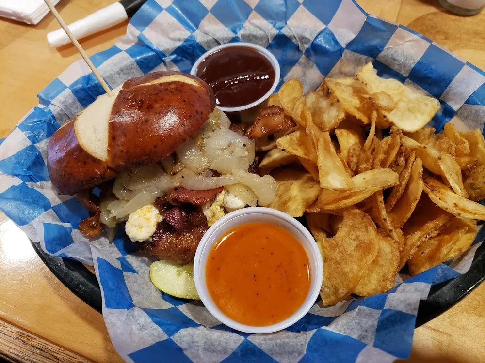 Black AMD Blue Cheese Burger with Sautéed Onions Added
